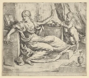 Sittende kvinne som holder et nettbrett og kompass allegori om læring, en bevinget putto ..., ca. 1600-1640.