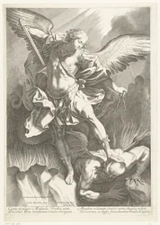 Erkeengelen St Michael beseirer djevelen, gravert av Pieter de Bailliu, 1623-60