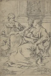 Den hellige familie satt sammen foran en søylegang, Saint Joseph leste og..., ca. 1590-1610.