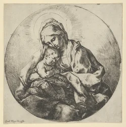 Jomfruen holder spedbarnet Kristus med fingrene på høyre hånd skjult, en ..., ca 1600-1640.