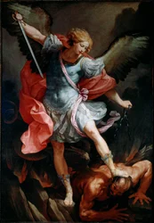 Erkeengelen Saint Michael knuser hodet til demonen Silkemaleri av Guido Reni kalt Guiden