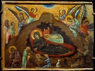 Fødselen. Maleri av Guido Da Siena (1200-tallet). Tempera på tre. Mål: 3,64 x 4,75 cm.