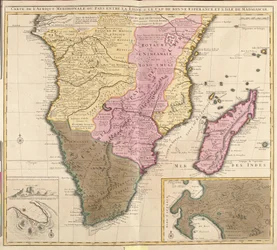 Kart over Meridional Afrika (Angola, Namibia, Zambia, Zimbabwe, Mosambik, Sør-Afrika) med øya Madagaskar (radering