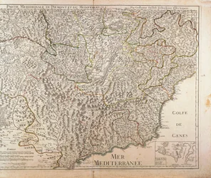 Sørlige Piemonte-regionen, Monferrato og Vestlige Liguria-regionen. Kart av Guillaume de l'Isle, Paris, Kobbergravering. 1707
