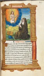 Trykt tidebok (bruk av Roma): fol. 90r, St. Birgitta i bønn før en Kristi åpenbaring