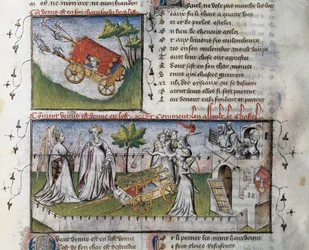 Hvordan Venus ankommer og stormet slottet bygget av sjalusi, Miniatyr av Guillaume Lorris fra manuskriptet Le Romanesque de la Rose,