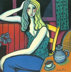 Jente som drikker te, 2008 (gouache på papir)