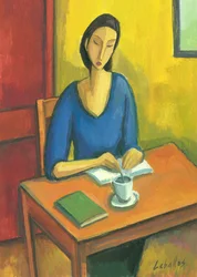Jente med bøker og kaffe, 2010 (gouache på papir)