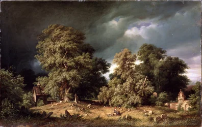 Den gamle kirkegården. En kvinne sitter alene på en bortgjemt kirkegård på landet mens himmelen fylles med mørke skyer. Maleri av Gustav Paul Closs (1840-1870), olje på lerret, ca 1865. Tysk kunst, 1800-talls landskap. MR.