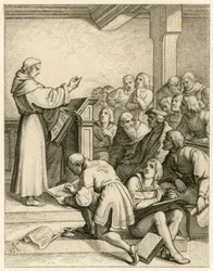Martin Luther holder forelesninger på universitetet i Wittenberg, foran ham visekansleren Dr. Pollich og hans farsvenn Johann von Staupitz (1460-1524)