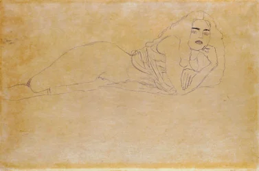 «Naken liggende på magen, vendt mot høyre.» Portrett av en naken kvinne liggende på magen. Tegning av Gustav Klimt (1862–1918)