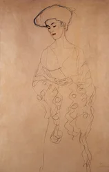 quot;Mit leichter wendung nach linksquot; (Litt til venstre). Tegning av Gustave Klimt (1862-1918). Fargeblyanter. Privat samling