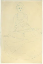 Sittende halvnaken forfra, ca. 1907 (blyant på papir)