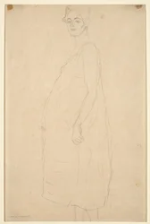 Studie av en påkledd gravid kvinne, ca. 1915–16 (blyant på simili japan-papir)