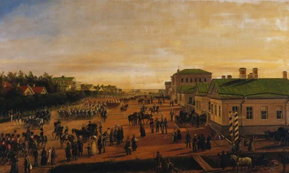 Tsar Nicholas vender tilbake fra en militærparade ved Krasnoe Selo, 1848