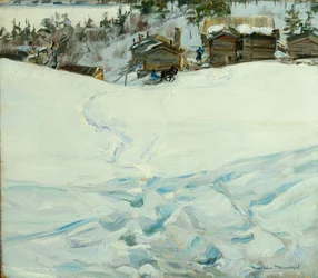 Fjellgård i vinterlandskap (olje på lerret)