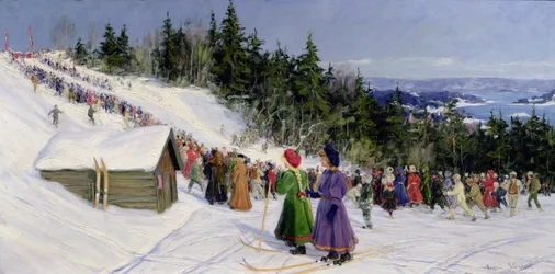 Skikonkurranse i Fjelkenbakken (olje på lerret)