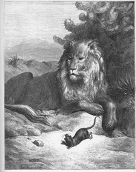 Løven og musen - fra «Fabler» av Jean de La Fontaine (Lafontaine) (1621-95) - gravering etter Gustave Doré (1832-83) - privat samling