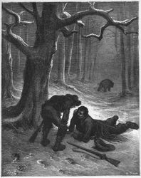 Bjørnen og de to følgesvennene - Bjørnen og de reisende - fra 'Fables' av Jean de La Fontaine (Lafontaine) (1621-95) - gravering etter Gustave Dore (1832-83) - Privat samling