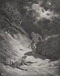 Abels død, 1. Mosebok 4:6–13, illustrasjon fra Dores «Den hellige bibel», gravert av Pisan