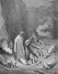 Simonistenes straff, fra «Den guddommelige komedie» (Inferno) av Dante Alighieri (1265–1321) gravert av Stephane Pannemaker (1847–1930) ca. 1868 (gravering)