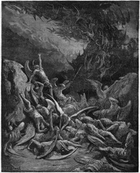 The lost paradise: the fallen angels. From the drawing of Gustave Dore illustrating “Paradise Lost” by John Milton (1608-1674) English poet. Engraving from 1867. Private Collection