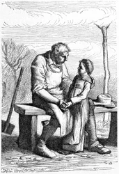 Cosette et Jean Valjean - i "" Les Miserables"" av Victor Hugo, ill. av Brion, red. Hetzel og Lacroix