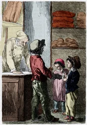 Gavroche gir brød til barn - i "" Les Miserables"" av Victor Hugo, syk. av Brion, red. Hetzel og Lacroix