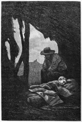 Jean Valjean ser over Cosette sovende, illustrasjon fra «Les Miserables» av Victor Hugo