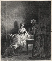 Marguerite kommer inn på Fantines rom og Fantine viser ham to Napoleoner (mynt) som kan redde Cosette, datteren hans - Illustrasjon av Gustave Brion (1824-1877) for "The Miserables - First part: Fantine" av Victor Hugo (1802-1885) 1862