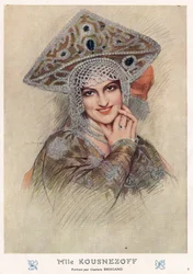 Portrett av Maria Nikolaievna Kuznetsova (Maria Kuznetsova) (1880-1966), berømt russisk imperium fra 1900-tallet og sovjetisk operasanger og danser i "Fantasio" tidlig på 1900-tallet (tegning)