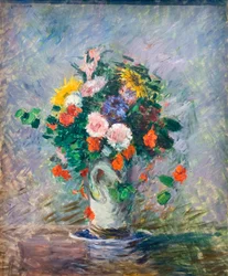 Bukett av kinesiske asters, nasturtiums og solsikker i en vase, ca. 1887 (olje på lerret)