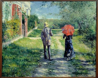 Sti opp. Par går på landsbygda. Maleri av Gustave Caillebotte (1848-1894)