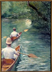 Perissoirene. Par som går i vannet i perissoires, en slags kajakk (The Canoes). (Element av et dekorativt sett: triptyk designet med La Peche a la Ligne og Les Baigneurs). Maleri av Gustave Caillebotte (1848-1894)