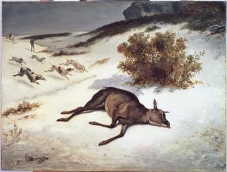 Hind tvunget ned i snøen, 1866