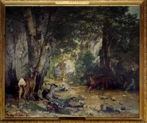 Levering av hjort til strømmen av Plaisir Fontaine Maleri av Gustave Courbet (1819-1877) 1866 Søn. 1,74x2,09m.