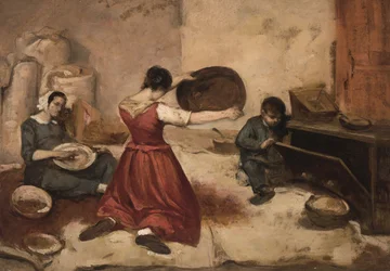 Studie for hvetesiktene ((Les Cribleuses de Blé), ca. 1855 (olje på plate på lerret)