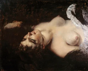 Studie til kvinnen med papegøyen. Modellen kan ha vært Joanna Hiffernan, kalt Jo - maleri av Gustave Courbet (1819-1877)