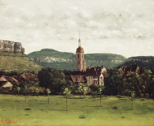 Utsikt over Ornans og dets klokketårn, ca. 1858