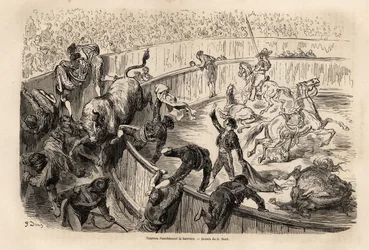 En okse som krysser barrieren, under en tyrefekting i Valencia, tegning av Gustave Dore (1832-1883), for å illustrere hans reise til Spania, med C. Davillier, i 1862. Gravering i "" Le tour du monde "", redigert av Edouard Charton