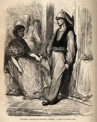 En sjokoladehandler i friluft, skisse på det livlige tatt i Madrid. Gravering av Gustave Dore (1832-1883) for å illustrere hans reise til Spania, med Ch. Davillier (redaktør), i 1862, utgitt i "" Le tour du monde""" 1869, redigert av Edouard Charton, Hach