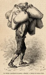 En krukkehandler, skisse på det livlige tatt i Madrid. Gravering av Gustave Dore (1832-1883) for å illustrere reisen til Spania, med Ch. Davillier (redaktør), i 1862, publisert i "" Le tour du monde""" 1869, redigert av Edouard Charton, Hachette-utgaven, P
