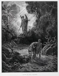 Adam og Eva forvist fra Edens hage av en engel, illustrasjon fra Dorés bibel