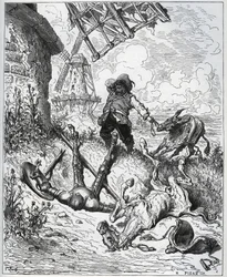 Etter angrepet gir vindmøllene - "" Misericorde! "" Sancho - fra "" Don Quixote de la Mancha"" av Miguel Cervantes (1547-1616) (Don Quixote) - Tresnitt etter tegning av Gustave Dore