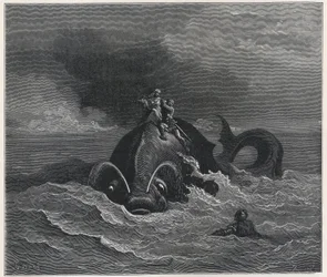quot;Alcina (Alcina) og Renaud (Rinaldo) bærer Astolfo (Astholfo) på ryggen av en hval (Orlando furioso) av Ludovico Ariosto (1474-1533) 1800-tallet (gravering)