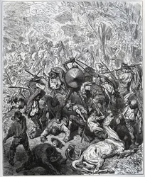 Kamp med muldyrmakere - Yangois brukte køllene sine - fra "Don Quixote de la Mancha" av Miguel Cervantes (1547-1616) (Don Quixote) - Tresnitt etter tegning av Gustave Dore