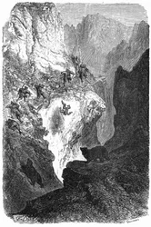 Bjørnejakt i Pyreneene: en mann faller fra fjellet. Gravert av Gustave Dore som illustrasjon til boken «Reisen til Pyreneene» av Hippolyte Taine, Hachette 1860.