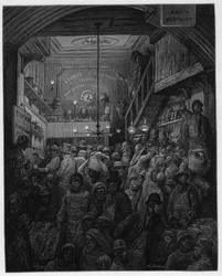 Billingsgate - Salg Of Fish In The Criee. Illustrasjon for London av Louis Enault illustrert av Gustave Dore