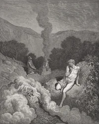 Kain og Abel ofrer, illustrasjon fra Dorés «Den hellige bibel», gravert av Pannemaker, 1866