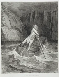 Kharon, helvetes fergemann, fra Dante Alighieris Den guddommelige komedie (Inferno), gravert av Stéphane Pannemaker (1847-1930), ca. 1868